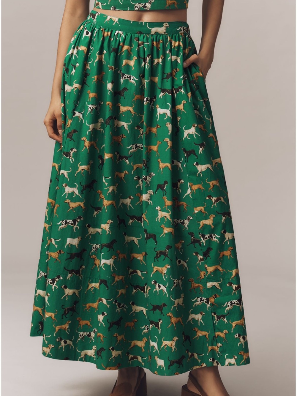 Anthropologie The Jacie Poplin Maxi Skirt by Maeve in Green Dog Print w/pockets!